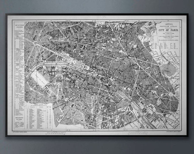 CIRCA 1883 LETTS MAP of Paris, Vintage Paris Map, Paris Map, Wall Map, Vintage Map, Old Map, Rustic Map, French Decor, Shabby Chic, Big Map