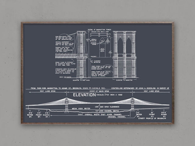 Brooklyn Bridge Blueprint, New York City, Architecture, Brooklyn Bridge Elevations, Brooklyn Bridge Plans, Architecture Print, Blueprints