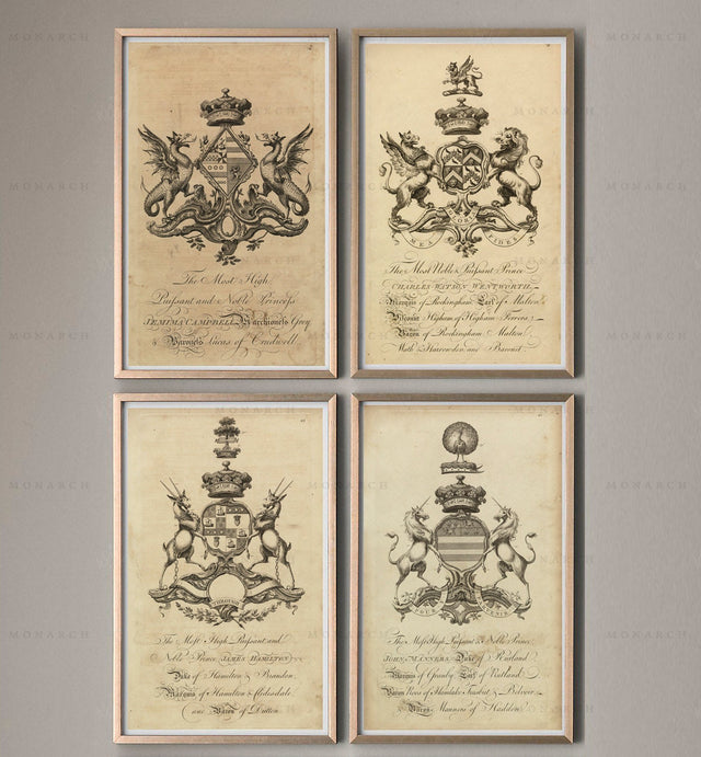COAT OF ARMS Prints, Set of 4 Crests, English Shields, Baronagium Genealogicum, Family Crest, Heraldry Print, Renaissance, Medieval, Decor