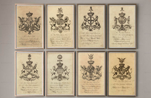 COAT OF ARMS Prints, Set of 8 Armorial English Engravings , Baronagium Genealogicum, Family Crest, Heraldry Print, Renaissance, Medieval
