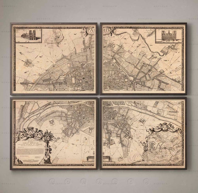 1672 PLAN DE PARIS Four Panel Map, Vintage Paris, Old Map, City Map, Large Wall Art, Map of Paris, Plan of Paris, Paris Plan, French Art