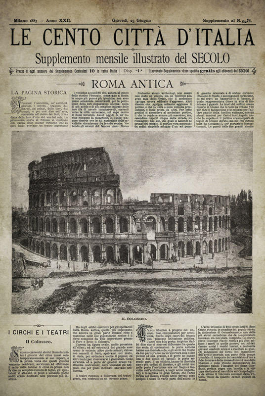 Vintage Italian Newspaper, Roma Antica Colosseo Full Cover, Circa 1887 Old Italian Newspaper, Rome Print, Rome Italy, Gladiator Print