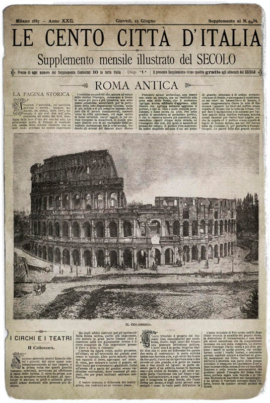 Vintage Italian Newspaper, Roma Antica Colosseo Full Cover, Circa 1887 Old Italian Newspaper, Rome Print, Rome Italy, Gladiator Print