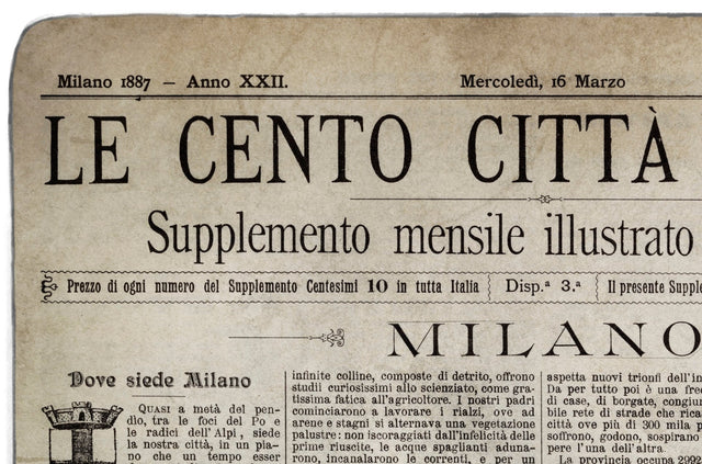 Vintage Italian Newspaper, Milan Full Cover, Circa 1887 Old Italian Newspaper, Milan Print, Milan Italy, Milan Wall Art, Large Poster, Como