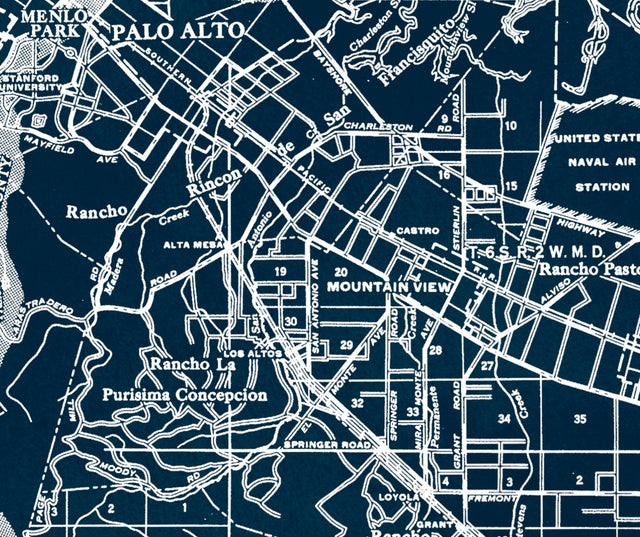 Silicon Valley Map, Vintage San Mateo California Fine Art Print, Bay Area Map, Northern California, Mountain View, Palo Alto, Menlo Park