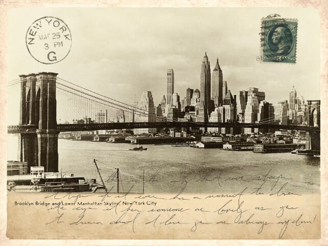 NEW YORK PRINT, Vintage Brooklyn Bridge Bridge Postcard Art, Vintage New York Photo, Vintage New York Art, nyc Postcard, Manhattan Print
