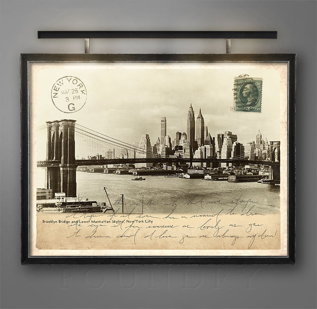 NEW YORK PRINT, Vintage Brooklyn Bridge Bridge Postcard Art, Vintage New York Photo, Vintage New York Art, nyc Postcard, Manhattan Print