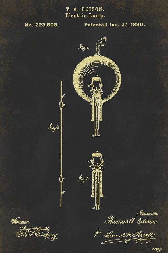 Patent Print : Vintage Edison Light Bulb Patent, Old Patent Document #2