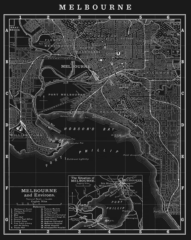 MELBOURNE CITY MAP : Vintage Melbourne Australia - Map of Melbourne - Melbourne Street Map - Detailed Map of Melbourne - Melbourne Wall Map