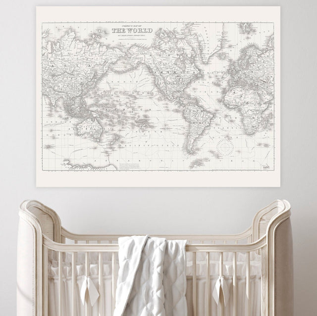 World Map Print - Nursery World Map Art Print- World Map - Canvas Fabric Tapestry - Grand Canvas Circa 1850s - Nursery Art - Large World Map