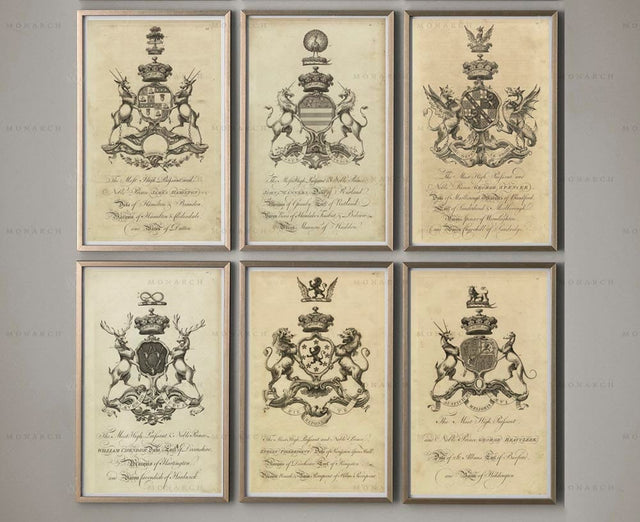 COAT OF ARMS Prints, Set of 2 Crests, English Shields, Baronagium Genealogicum, Family Crest, Heraldry Print, Renaissance, Medieval, Decor